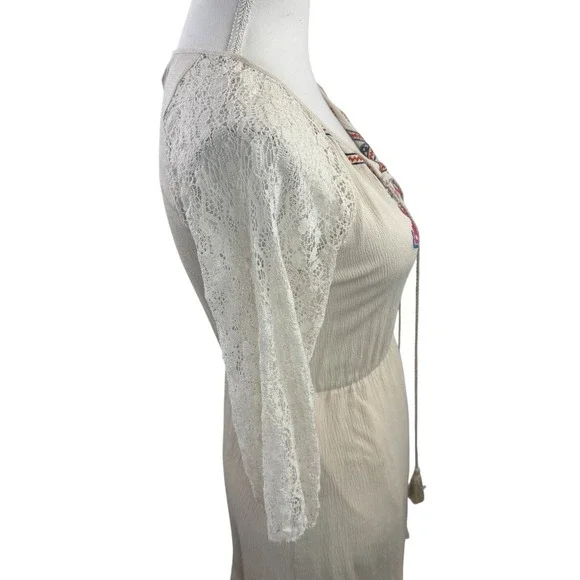 Flying Tomato Bohemian Embroidered Mini Dress Ivory With Lace Sleeves SZ S - Picture 4 of 6